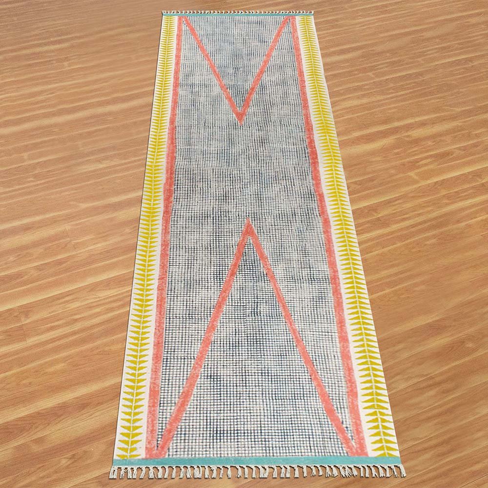 Hand Block Printed Geometric Yellow Cotton Rug - Image 7