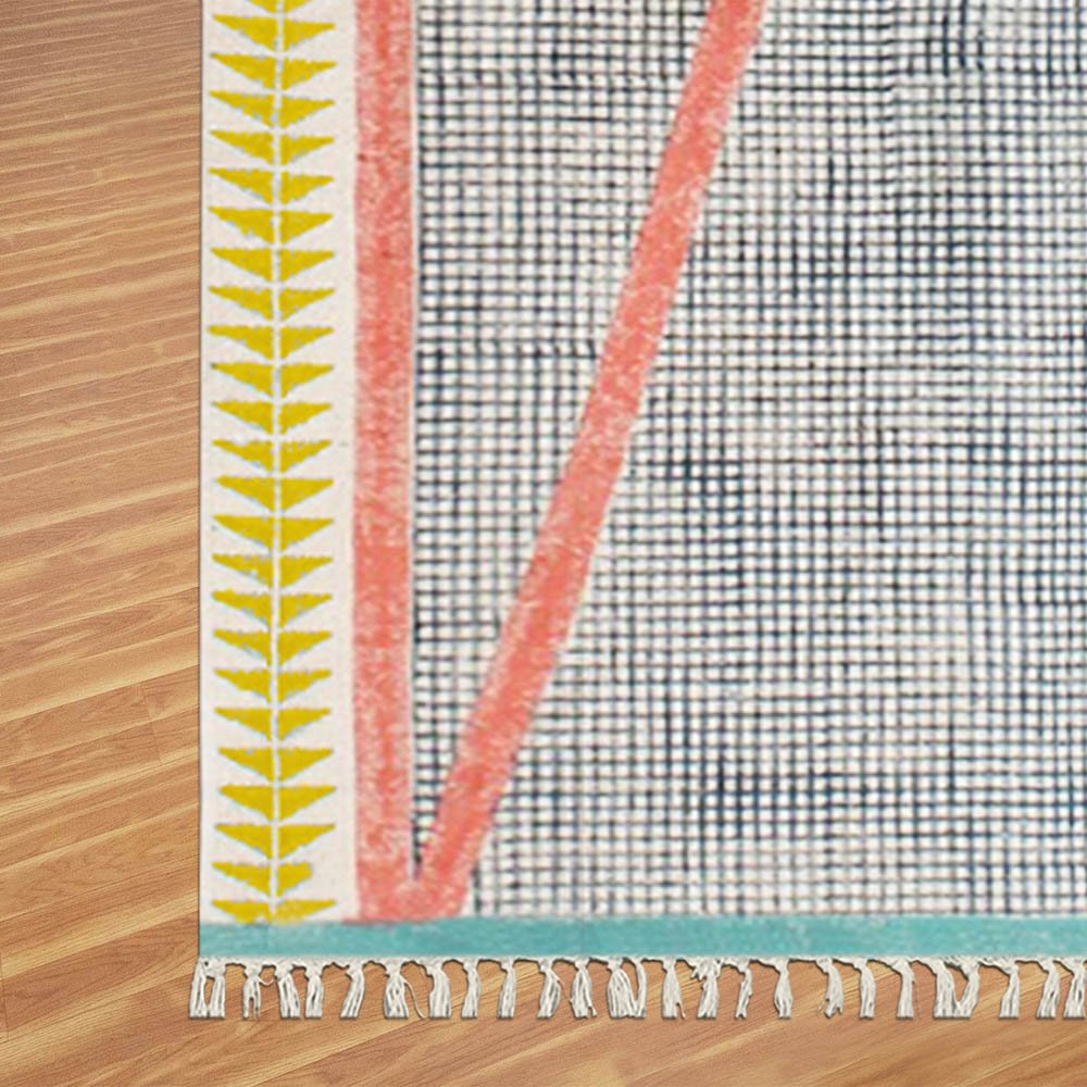 Hand Block Printed Geometric Yellow Cotton Rug - Image 6