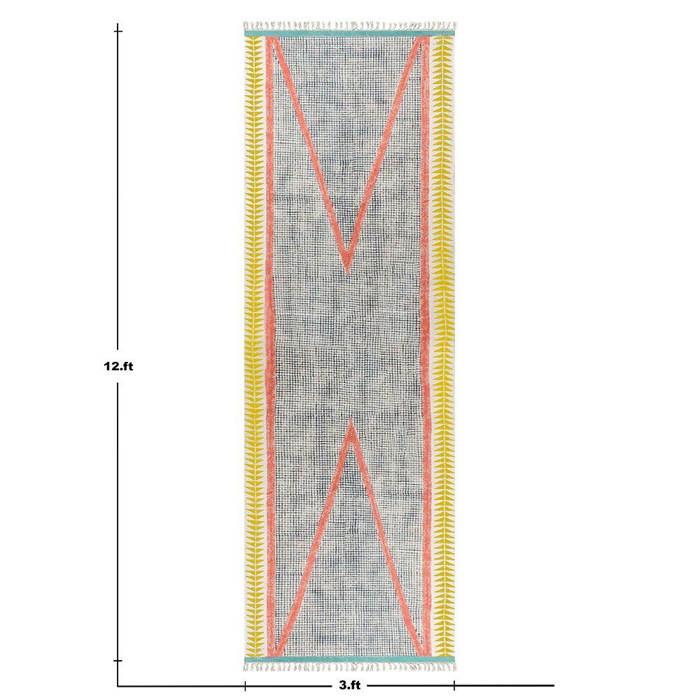 Hand Block Printed Geometric Yellow Cotton Rug - Image 3