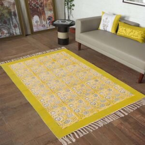 Handmade Yellow cotton Print Floral Rug