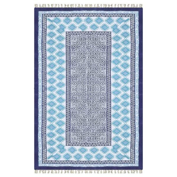Geometric Blue Hand Printed Rug