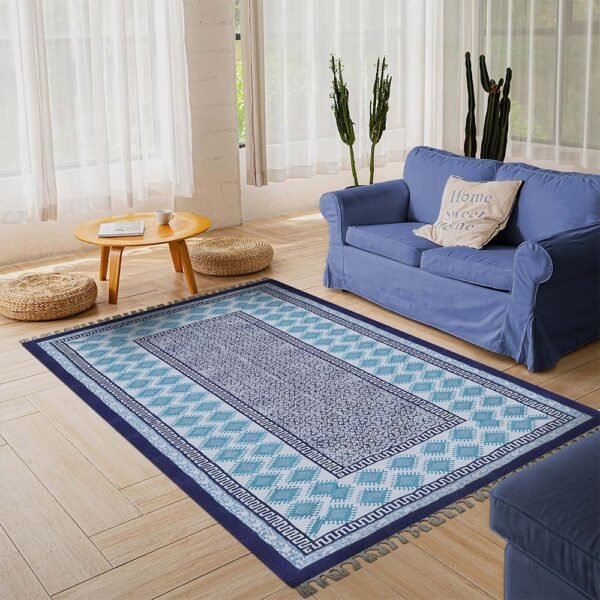 Geometric Blue Hand Printed Rug - Image 2
