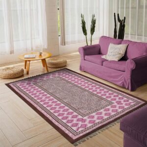 Hand Block Printed Cotton Pink Area Rug