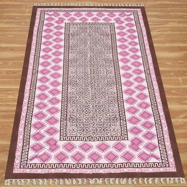Hand Block Printed Cotton Pink Area Rug - Image 3