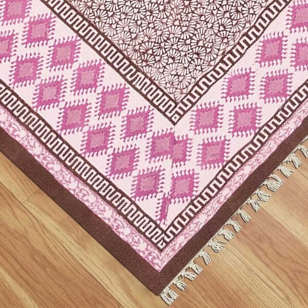 Hand Block Printed Cotton Pink Area Rug - Image 6