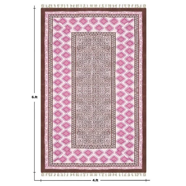 Hand Block Printed Cotton Pink Area Rug - Image 7