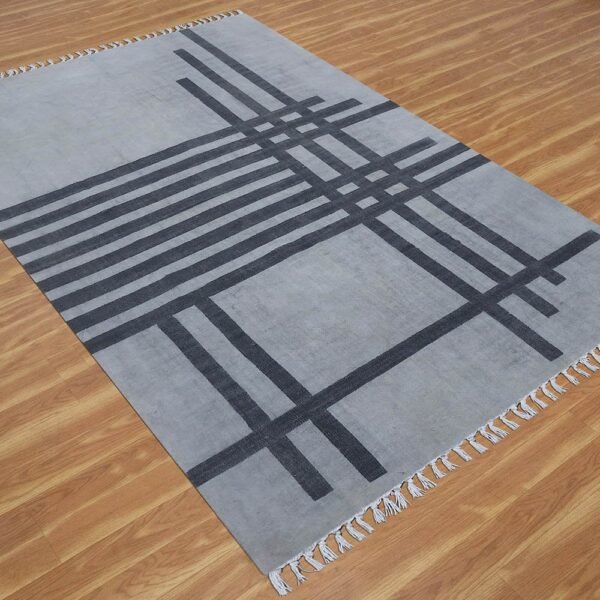 Black Geometrc Hand Block Printed Area Rug - Image 5