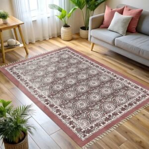 Red Floral Cotton Handmade Rug