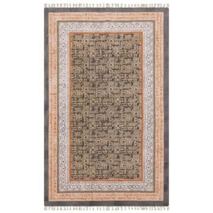 Black Abstract Cotton Hand Block Printed Rug