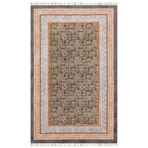 Black Abstract Cotton Hand Block Printed Rug