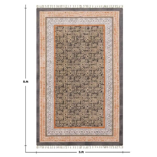 Black Abstract Cotton Hand Block Printed Rug - Image 3