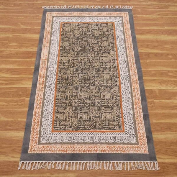 Black Abstract Cotton Hand Block Printed Rug - Image 4
