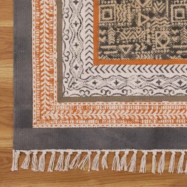 Black Abstract Cotton Hand Block Printed Rug - Image 5