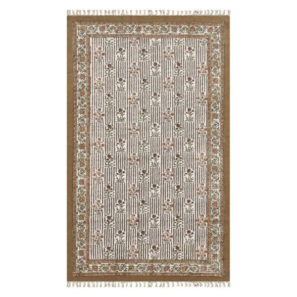 Brown Floral Hand Block Printed Rug
