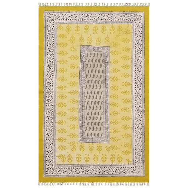 Yellow Floral Hand Block Printed Rug