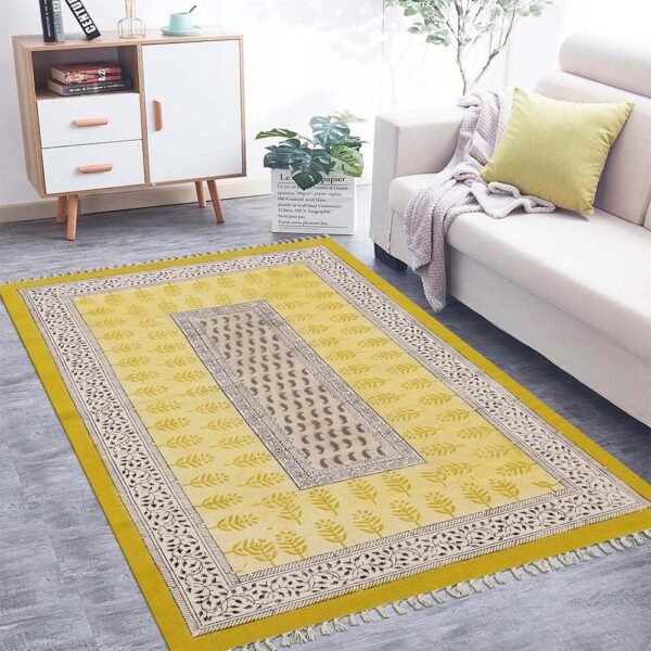 Yellow Floral Hand Block Printed Rug - Image 3