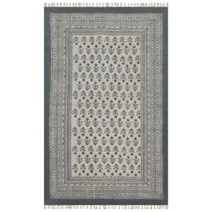Gray Cotton Handmade Blocks Printed Rug