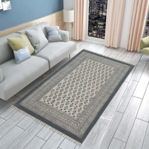 Gray Cotton Handmade Blocks Printed Rug