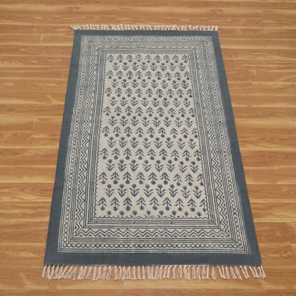 Gray Cotton Handmade Block Printed Rug - Image 4
