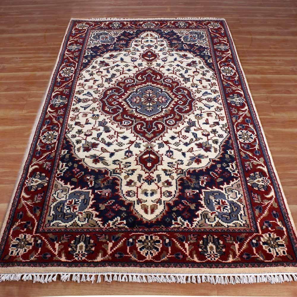 White Knotted Handmade Wool Rug 4x6 Carpet - Image 3