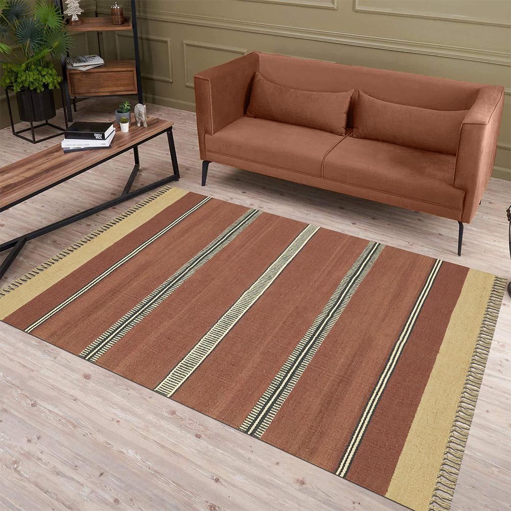 Modern Hand Woven Maroon Wool Jute Kilim Rug - Image 2