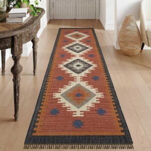 Hand Woven Red Wool Jute Kilim Rug