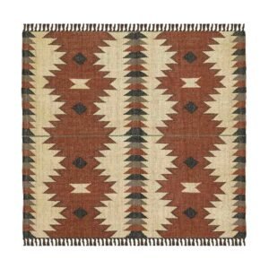 Hand Woven Red Beige Wool Jute Kilim Rug