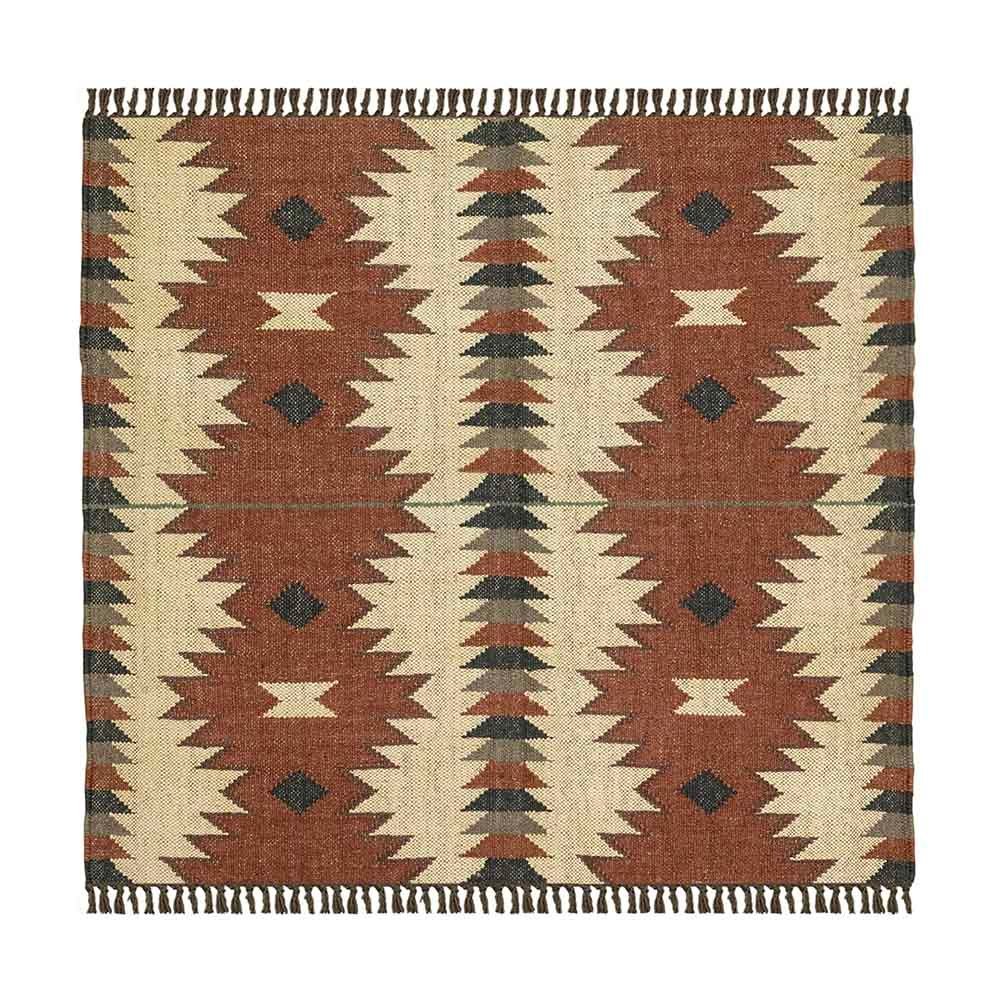 Hand Woven Red Beige Wool Jute Kilim Rug