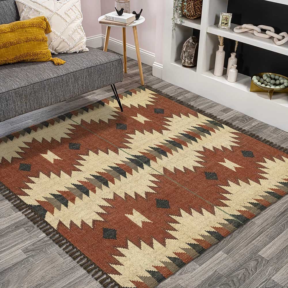 Hand Woven Red Beige Wool Jute Kilim Rug - Image 2