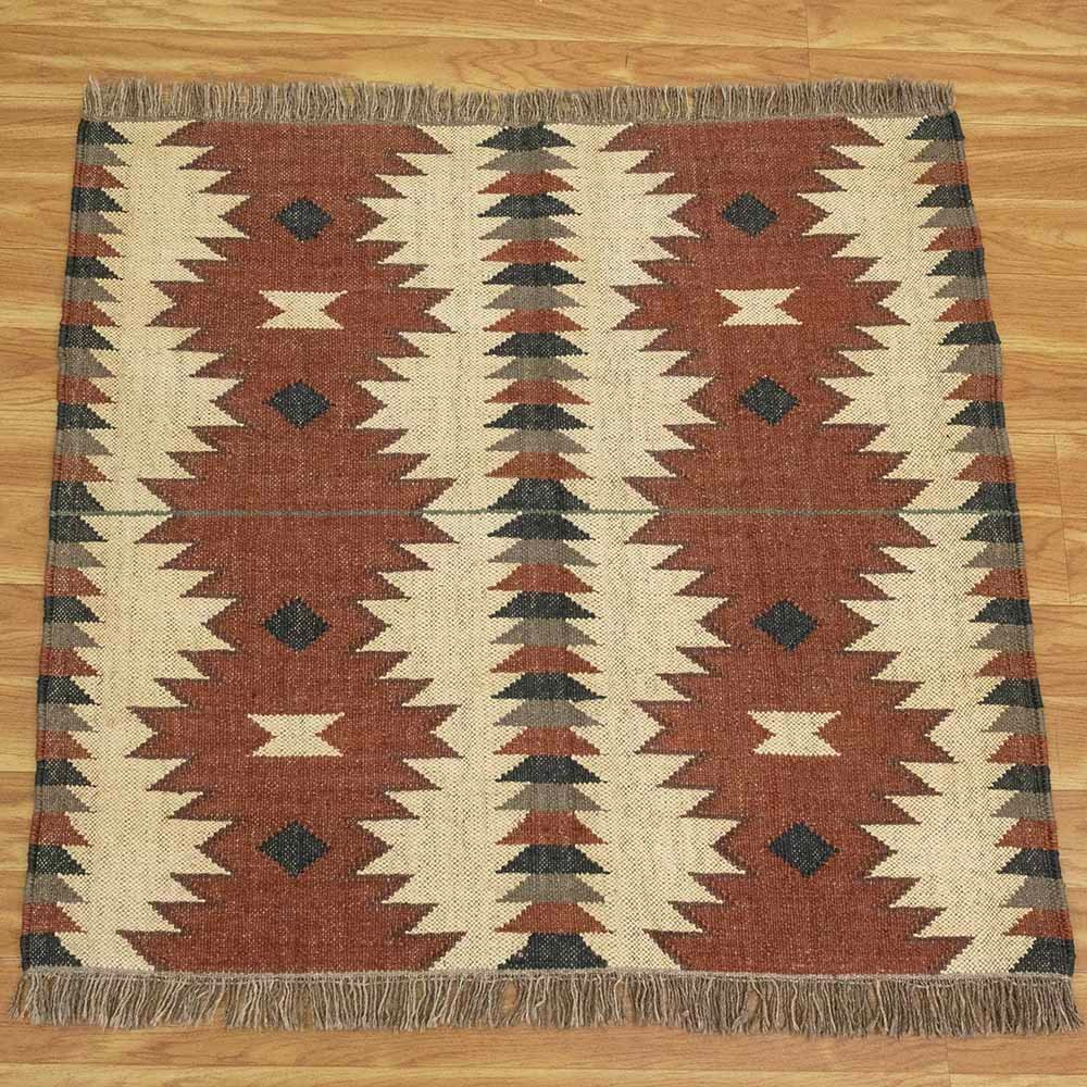 Hand Woven Red Beige Wool Jute Kilim Rug - Image 4