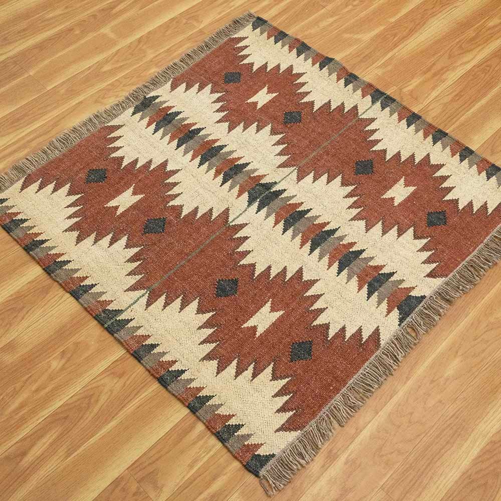 Hand Woven Red Beige Wool Jute Kilim Rug - Image 5
