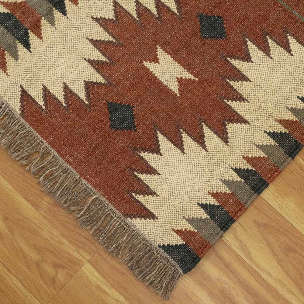 Hand Woven Red Beige Wool Jute Kilim Rug - Image 6