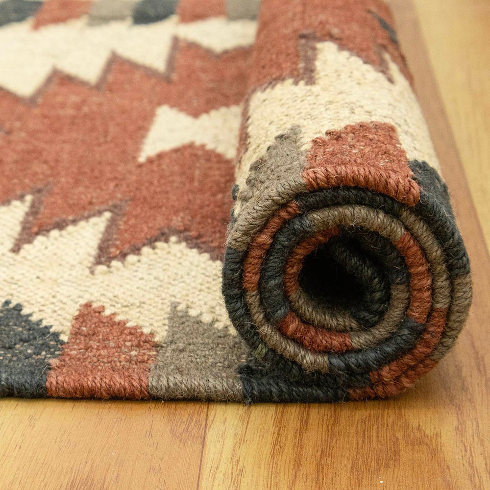 Hand Woven Red Beige Wool Jute Kilim Rug - Image 7