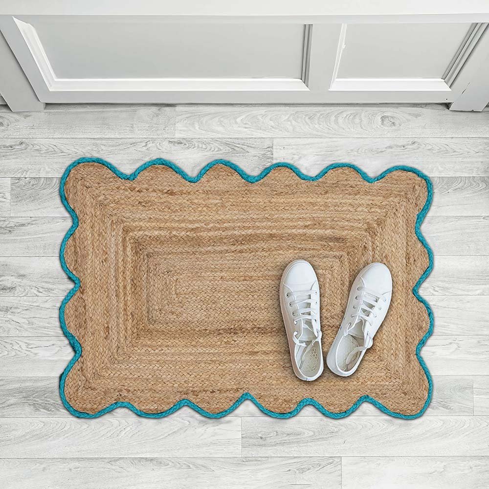 Stunning Hand Braided Sky Blue Bordered Jute Rug - Image 2