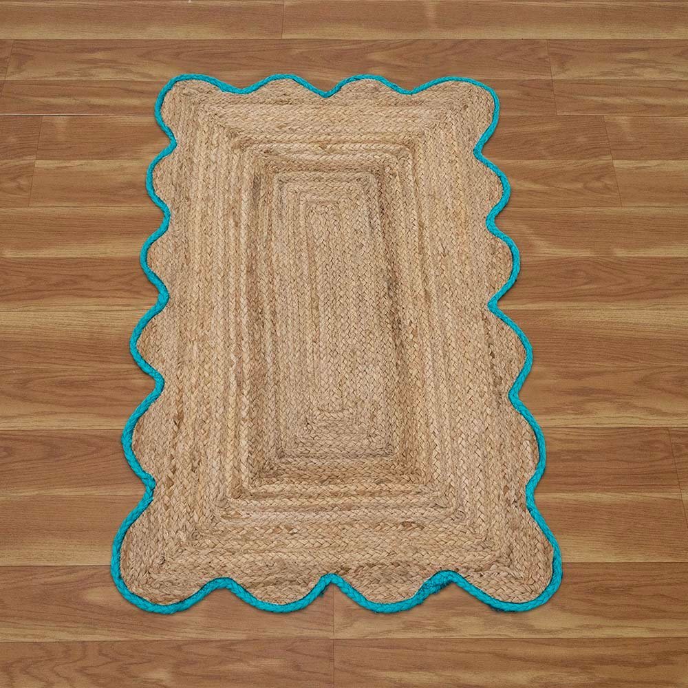 Stunning Hand Braided Sky Blue Bordered Jute Rug - Image 3